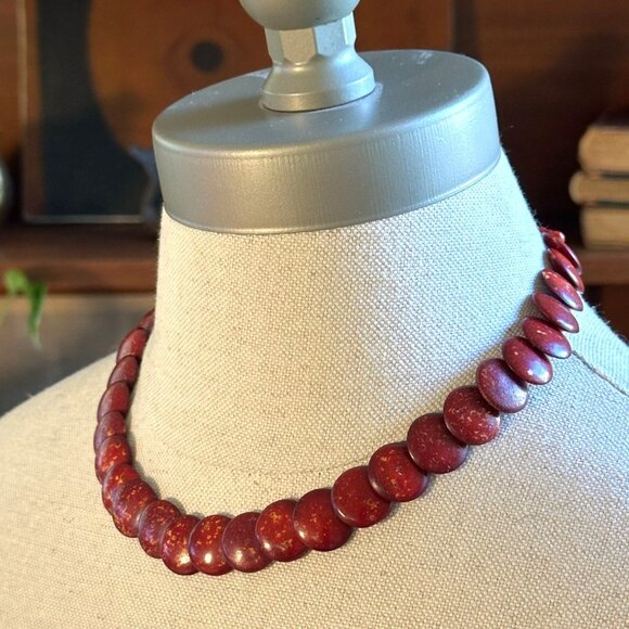 Vintage Red Glazed Bead Necklace, 18" Boho - Picture 2 of 6